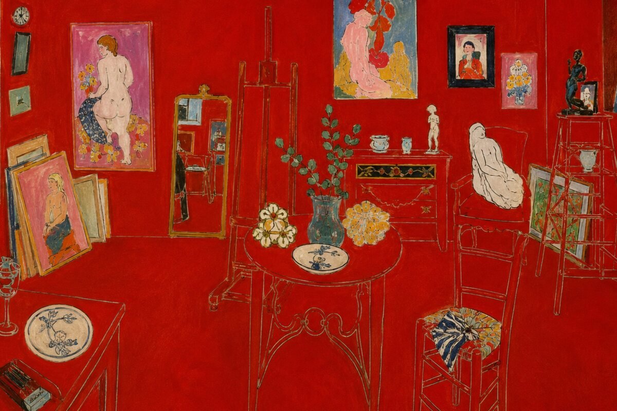 Matisse-inspired red studio interior with paintings, furniture, and decorative objects