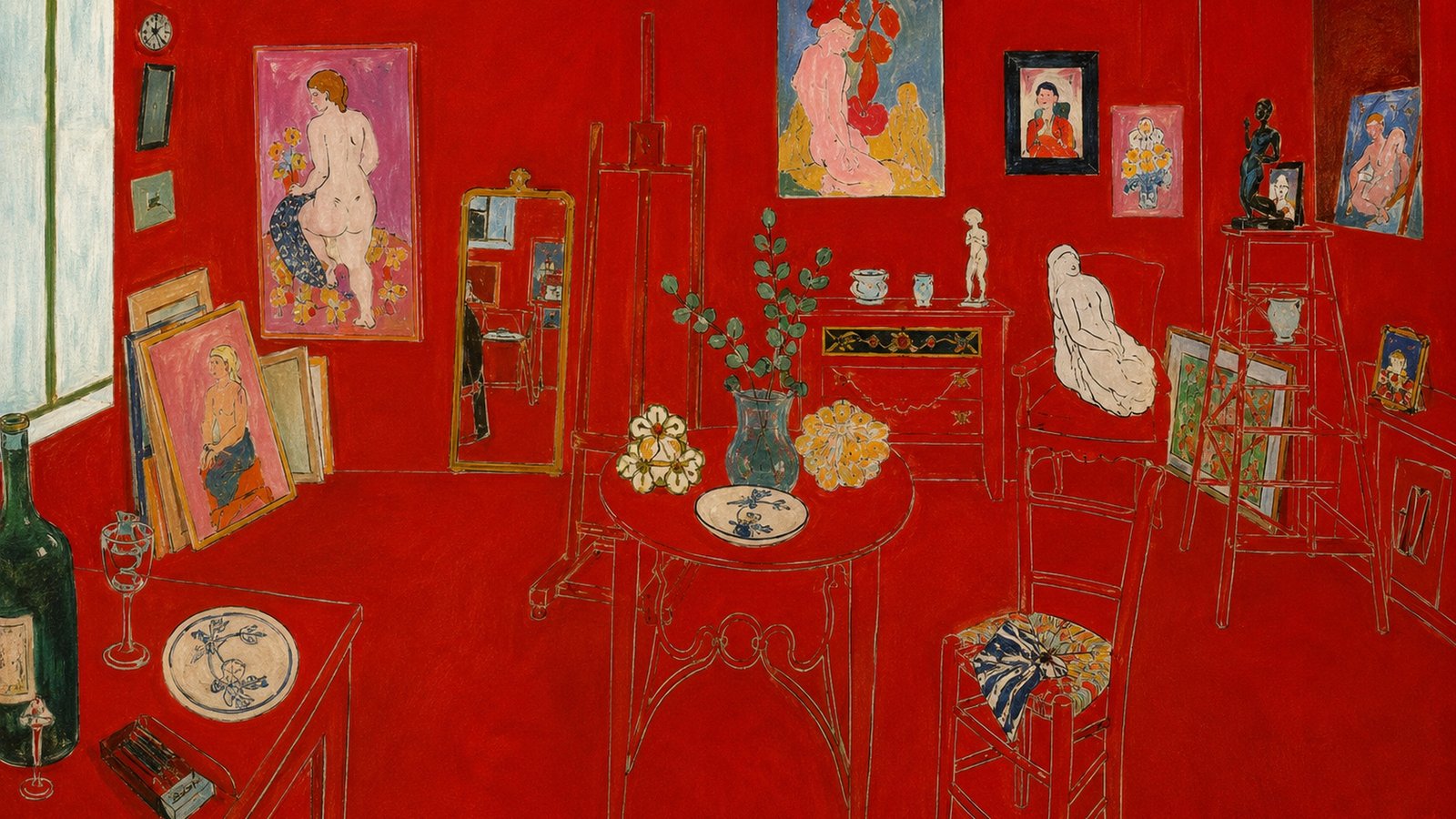 Matisse-inspired red studio interior with paintings, furniture, and decorative objects