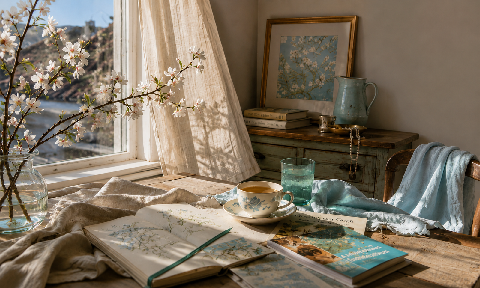 A quiet sunlit living space inspired by Van Gogh’s Almond Blossoms